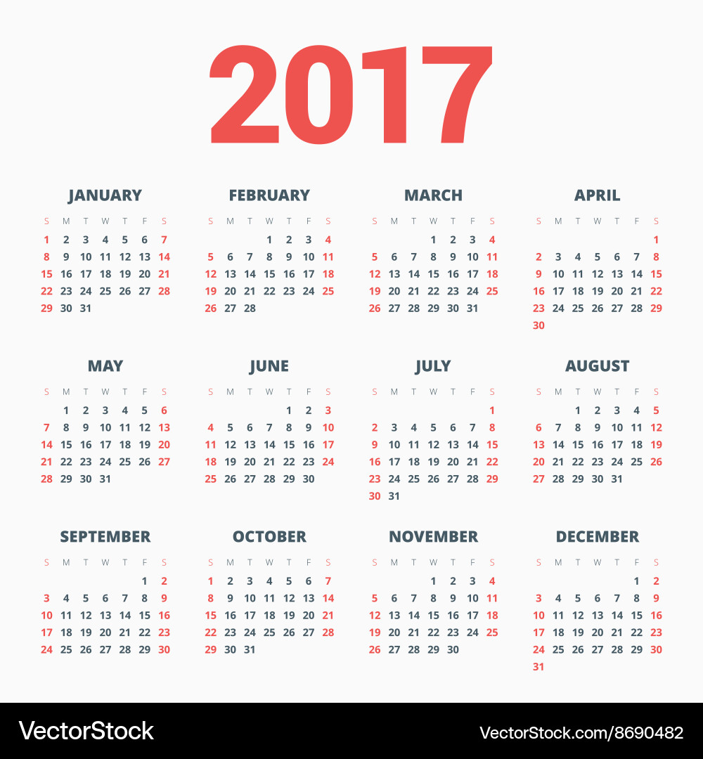 Calendar for 2017 year on white background week Vector Image