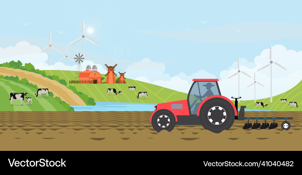 Farmer driving a tractor in farm land on rural Farmer driving a tractor in farm land on rural vector image