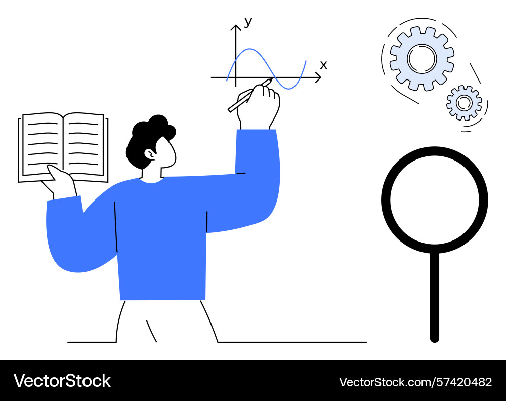 Man analyzing data with graph book gears Man analyzing data with graph book gears vector image