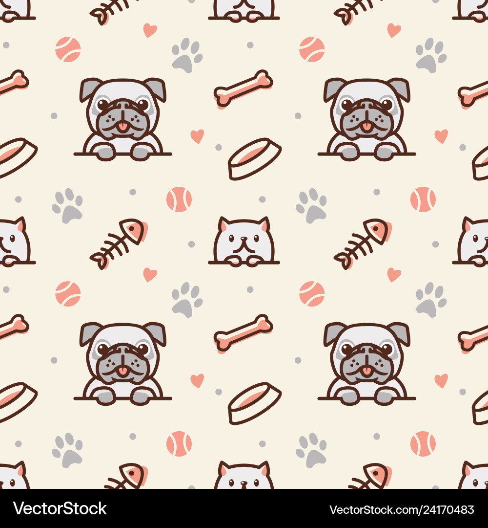 Cute Pug Dog & Cat with Bone Pattern Vector Image