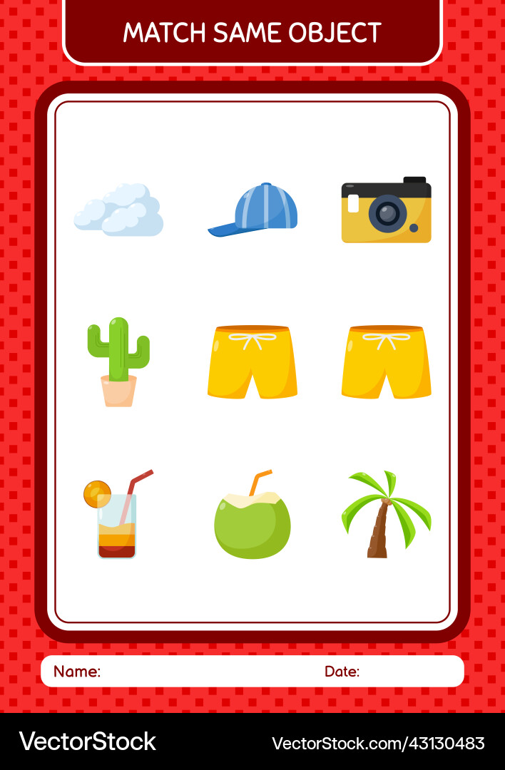 Match with same object game summer icon worksheet Match with same object game summer icon worksheet vector image