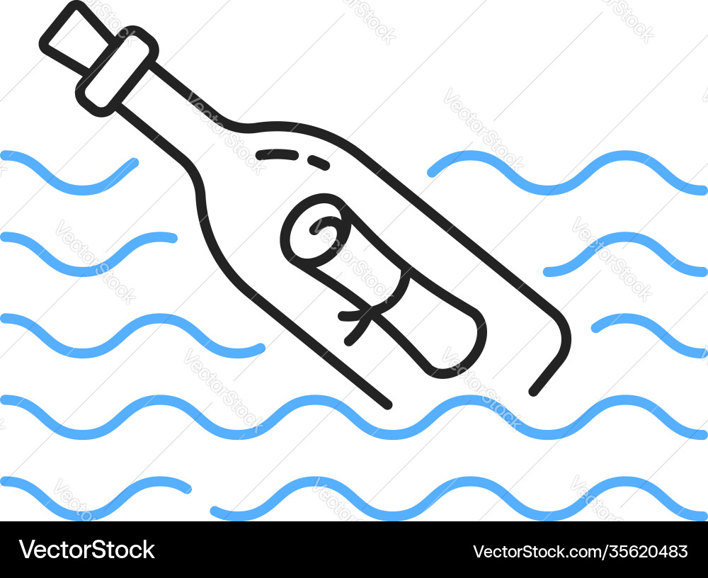 Thin line message bottle in waves Thin line message bottle in waves vector image