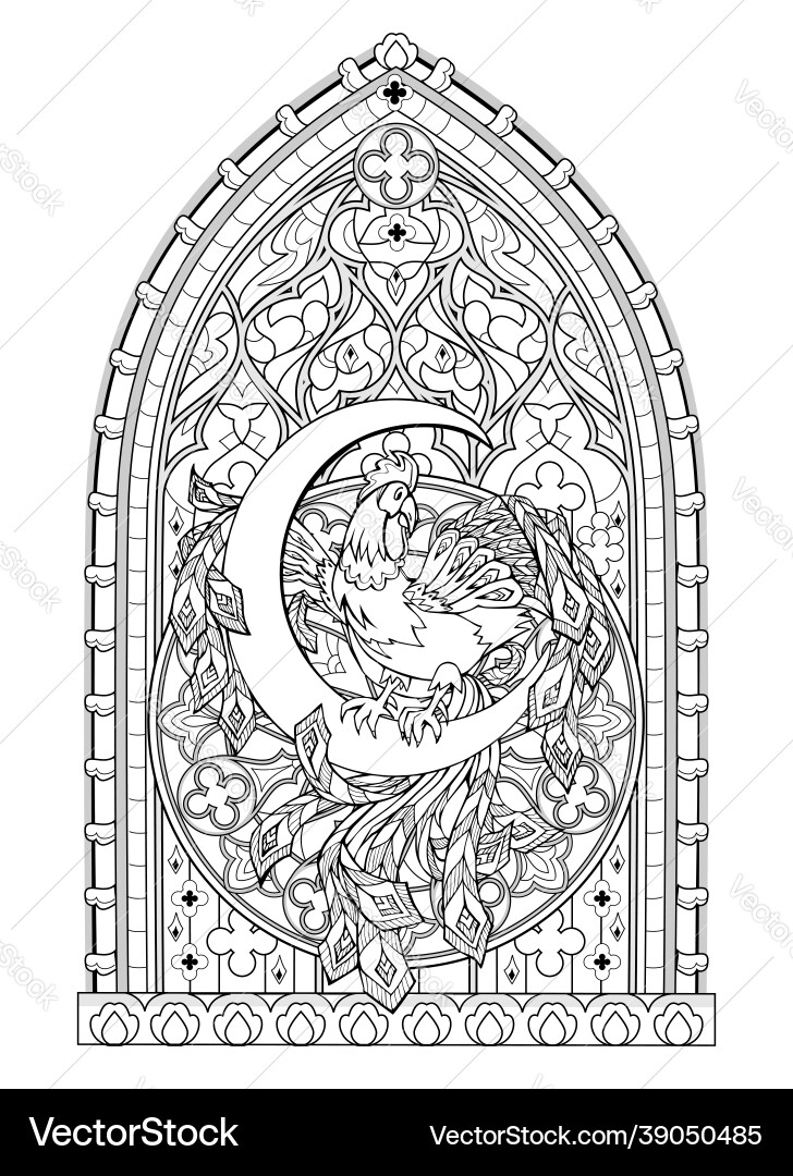 Fantasy gothic stained glass window with fabulous Fantasy gothic stained glass window with fabulous vector image