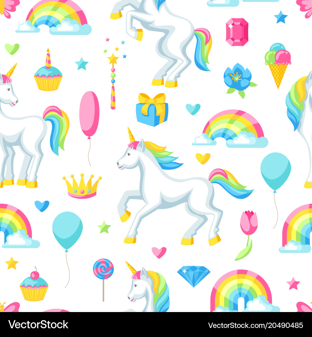 Seamless pattern with unicorns and fantasy items vector image