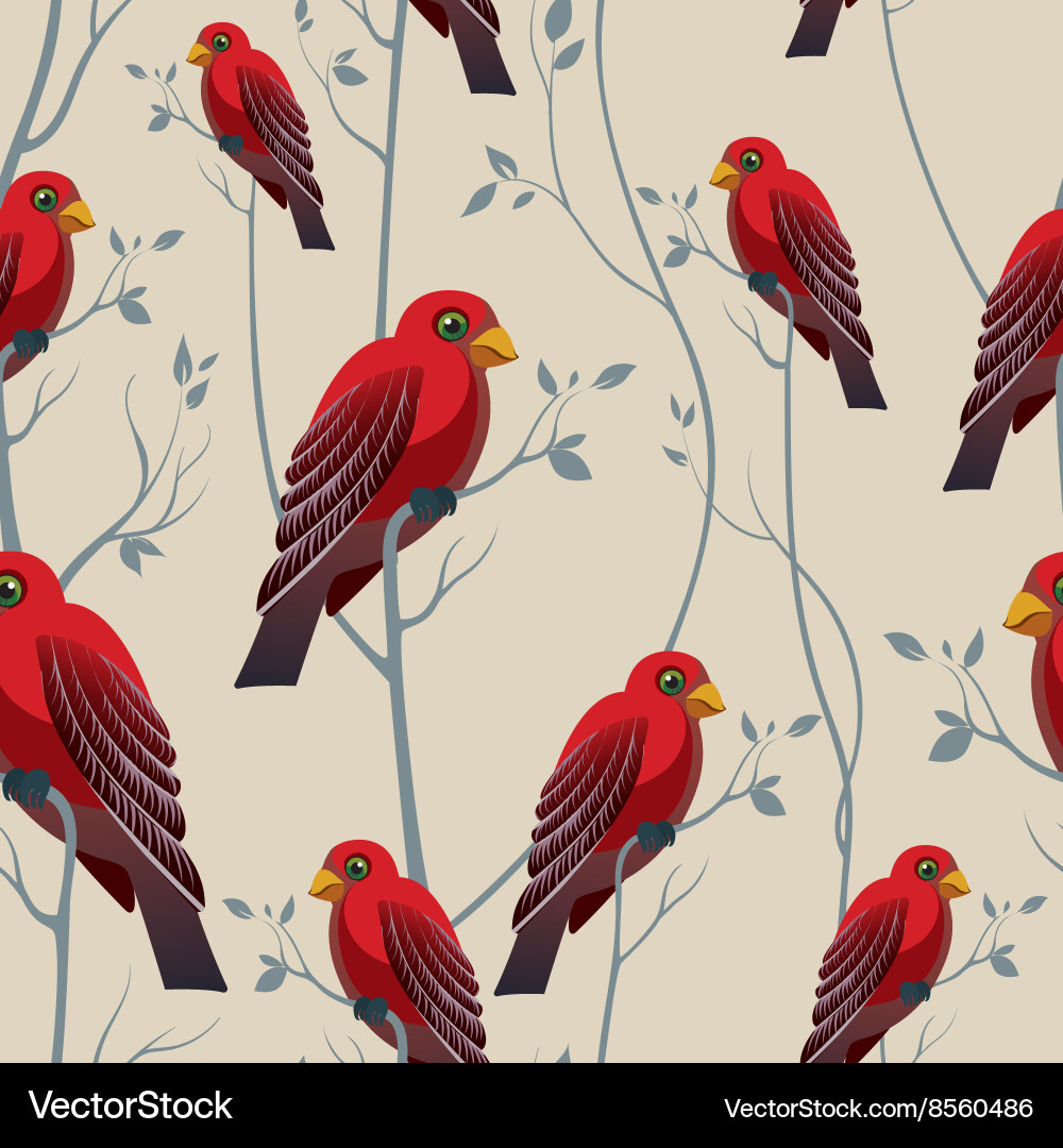 Bird on a branch seamless pattern with red birds Vector Image
