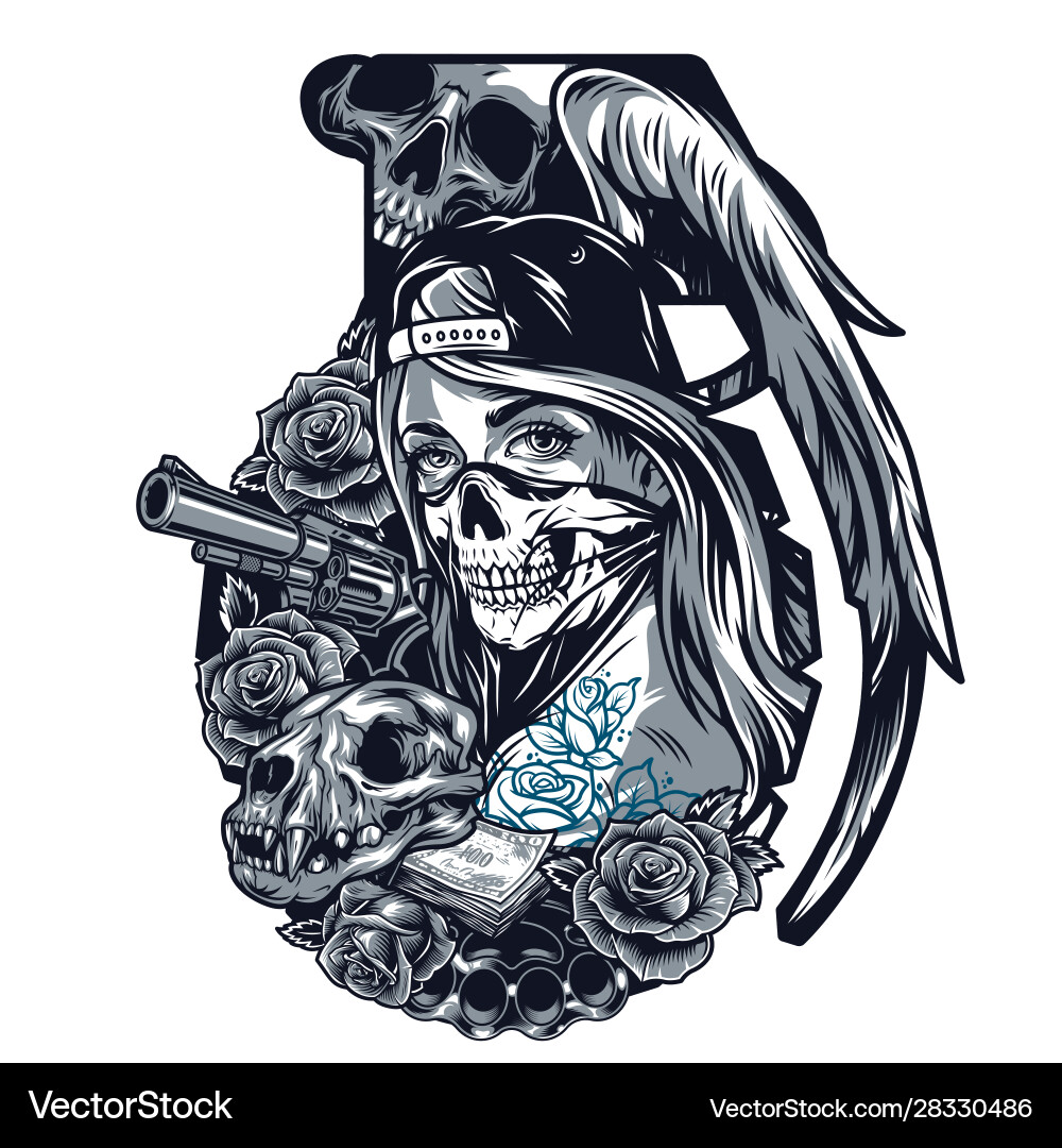 Chicano Skull Tattoo - Grenade & Rose Vector Image