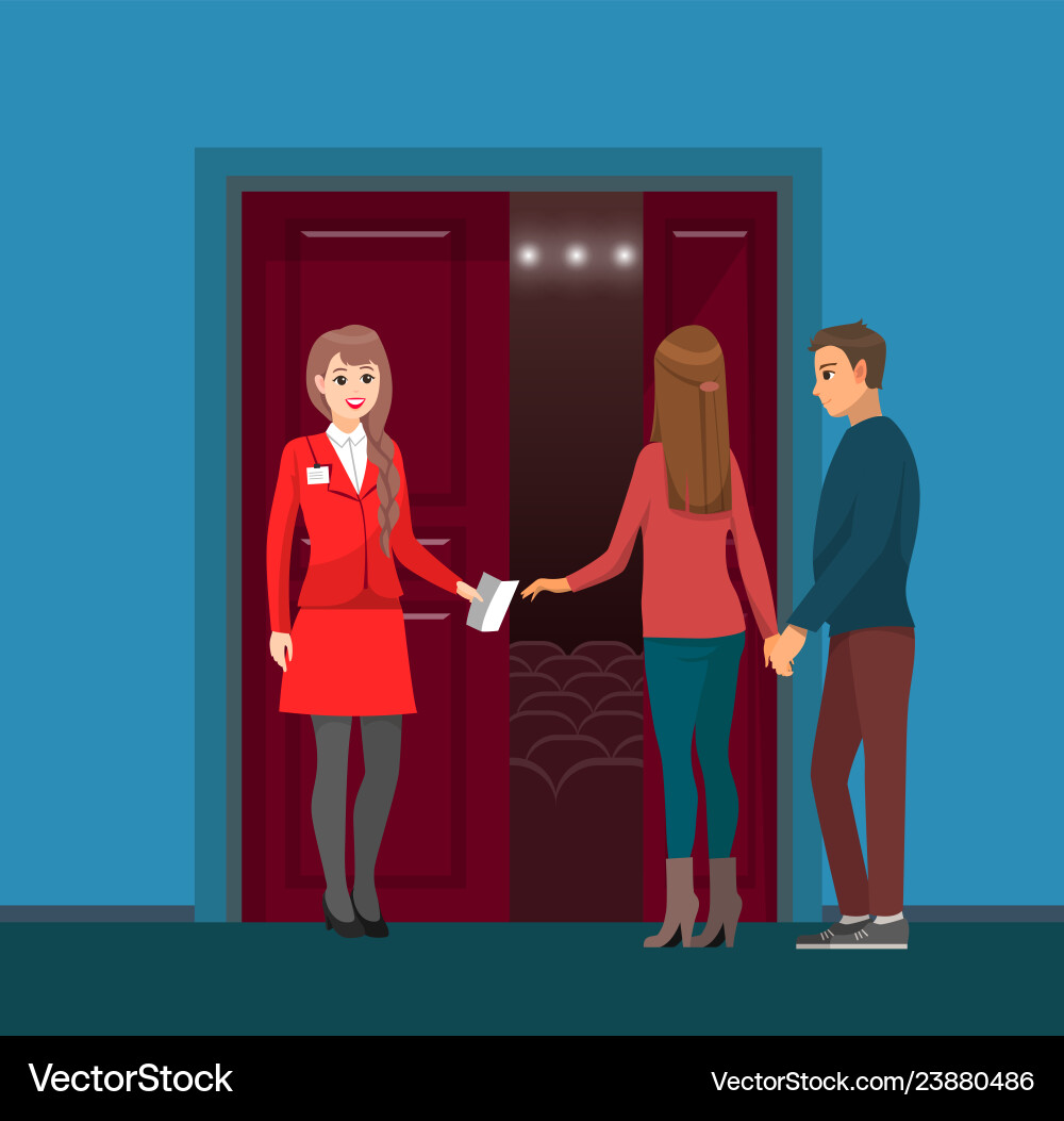 Cinema theatre woman checking tickets of clients Vector Image