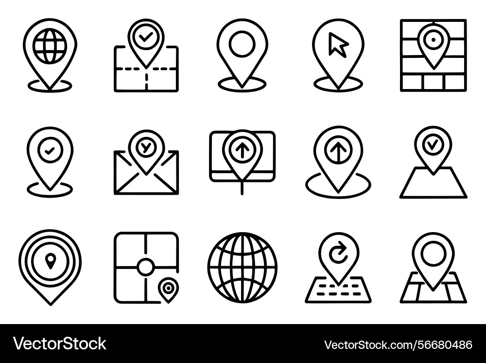 Pin with map icon set editable stroke outline Pin with map icon set editable stroke outline vector image