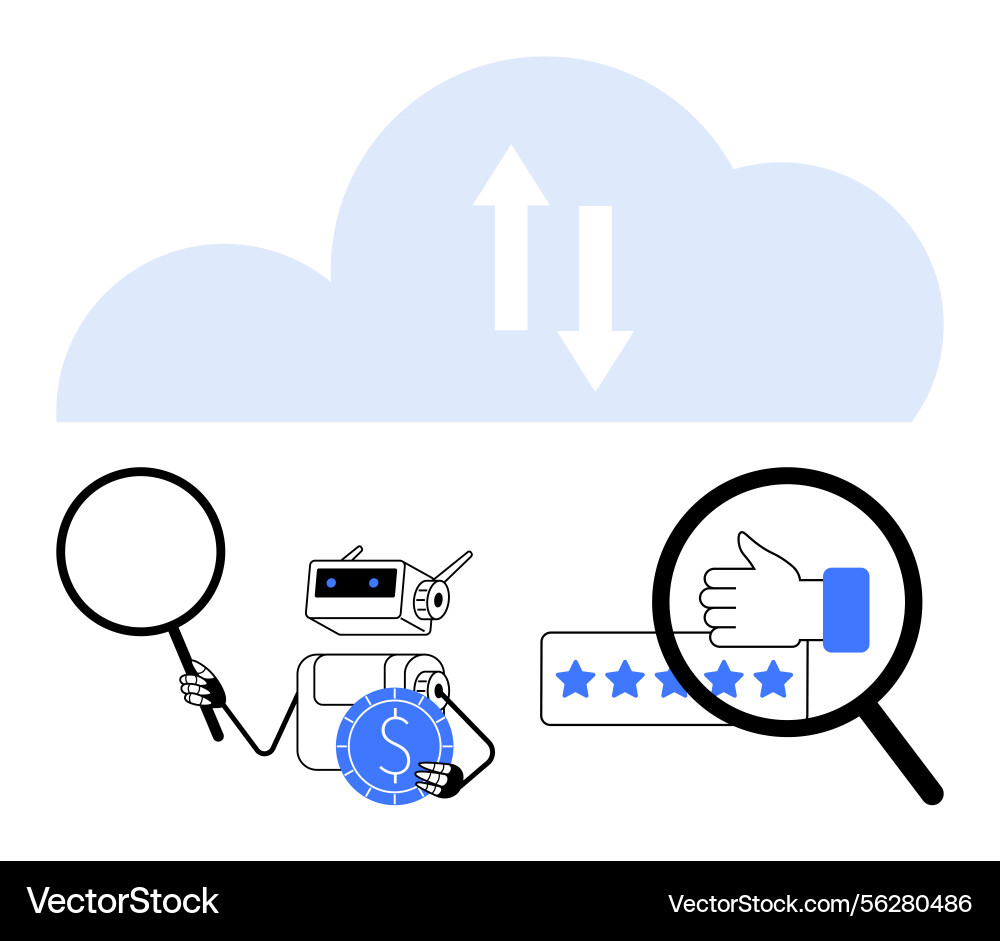 Robot analyzing cloud data with magnifying glass Robot analyzing cloud data with magnifying glass Vector Image