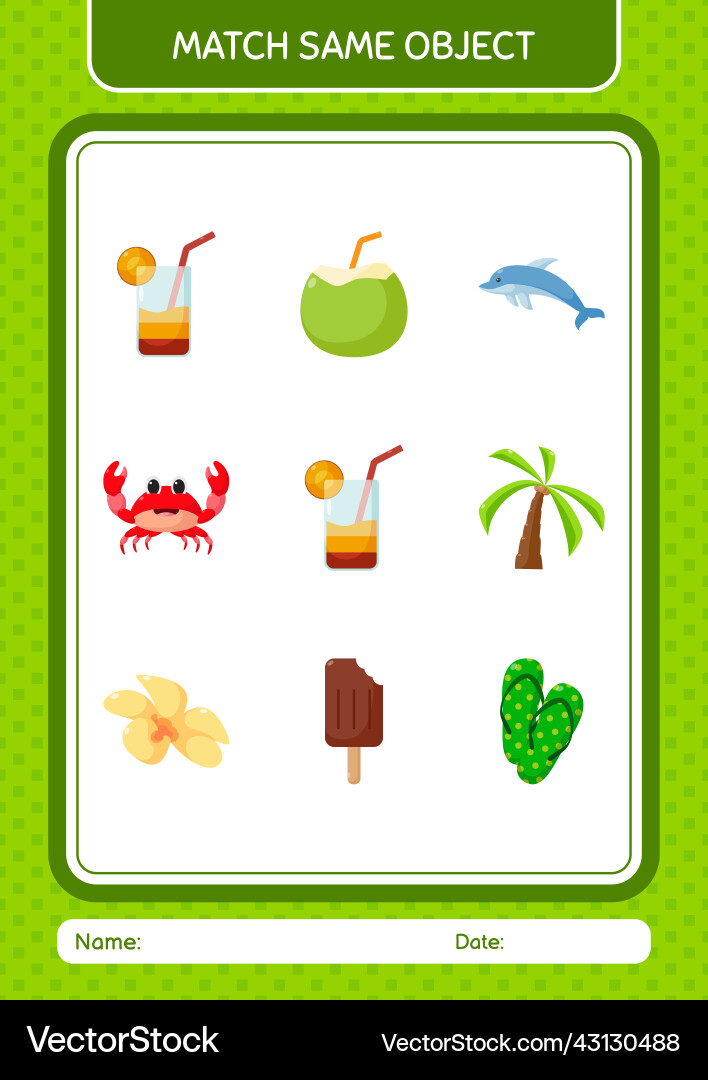 Match with same object game summer icon worksheet Match with same object game summer icon worksheet vector image