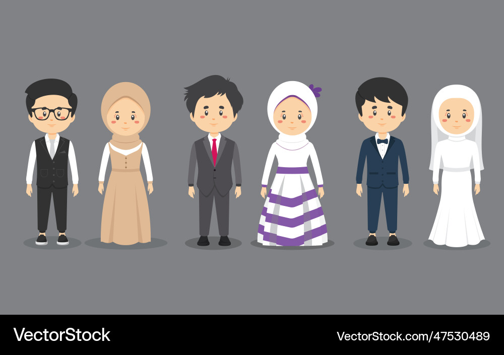 Ein Set Paar Charakter mit Hochzeit Outfit Ein Set Paar Charakter mit Hochzeit Outfit vektorbild