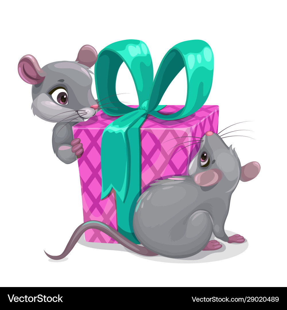 Maus Geburtstag zwei Cartoons Mäuse mit großer Geschenkbox Maus Geburtstag zwei Cartoons Mäuse mit großer Geschenkbox vektorbild