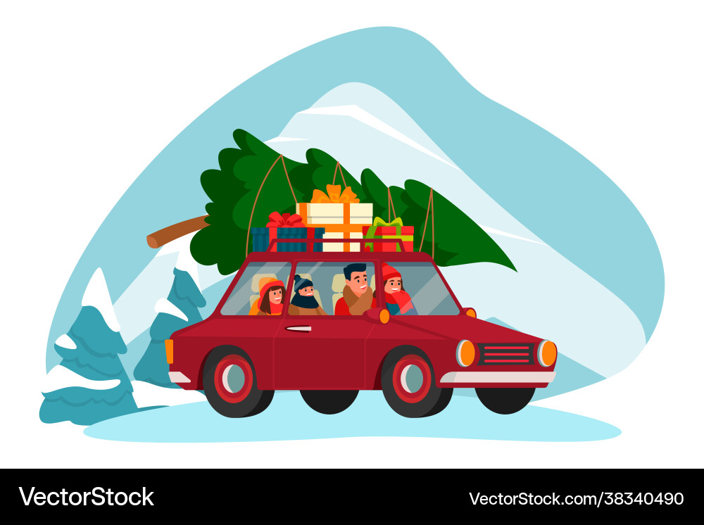 Family rides on car with christmas tree gifts Family rides on car with christmas tree gifts vector image