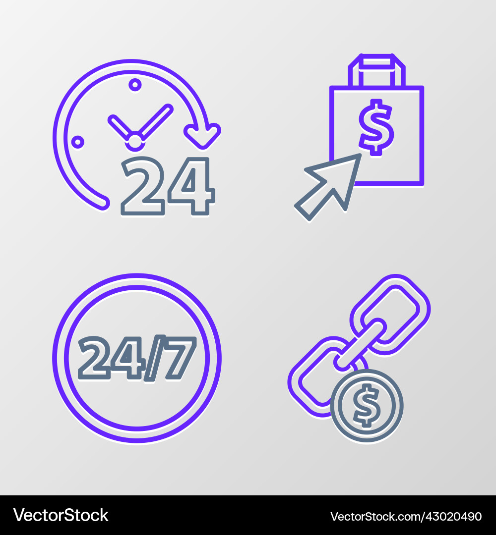 Set line chain link and coin clock 24 hours Set line chain link and coin clock 24 hours vector image
