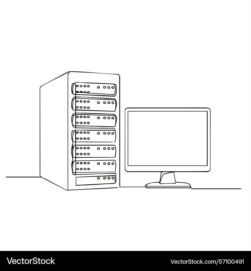Computer server with monitor line art technology vector image