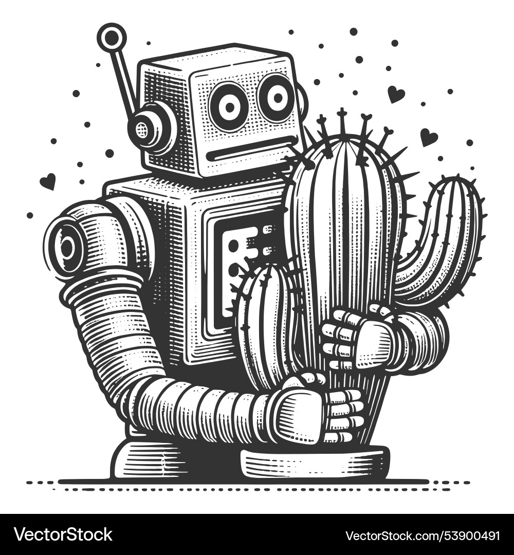 Retro robot hugging a cactus Vector Image