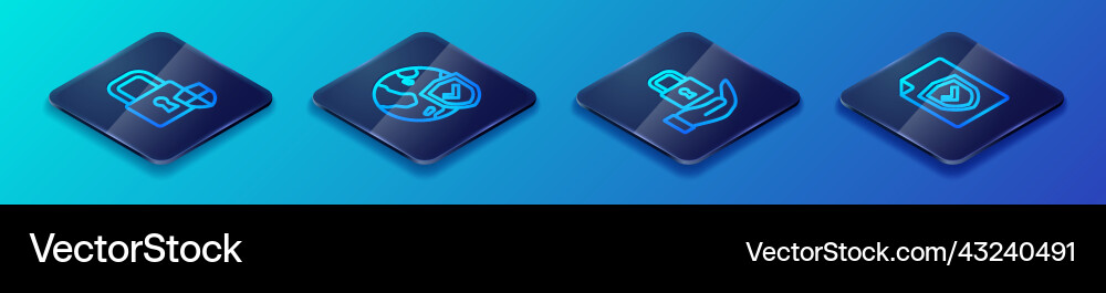 Set isometric line lock shield security Set isometric line lock shield security vector image