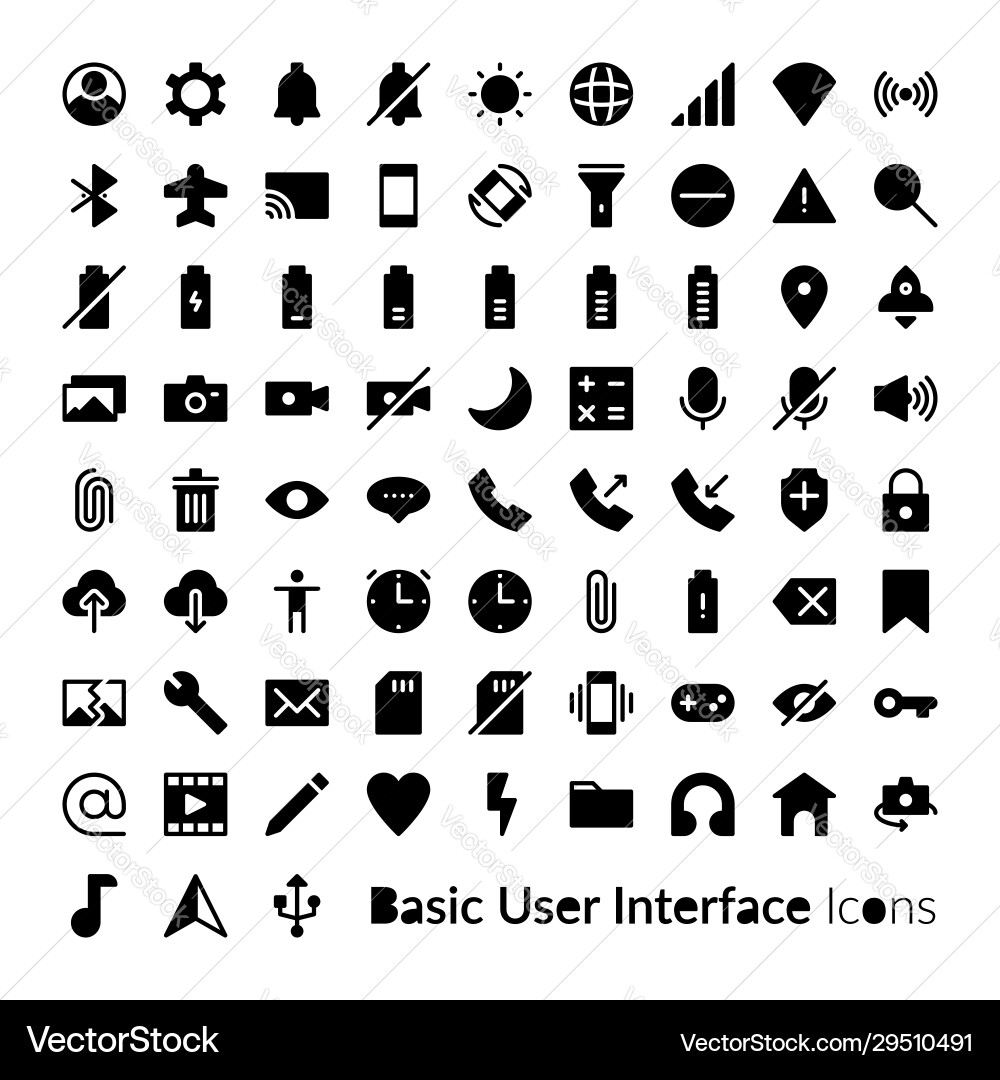 Solid user interface icons glyph basic ui icon set vector image