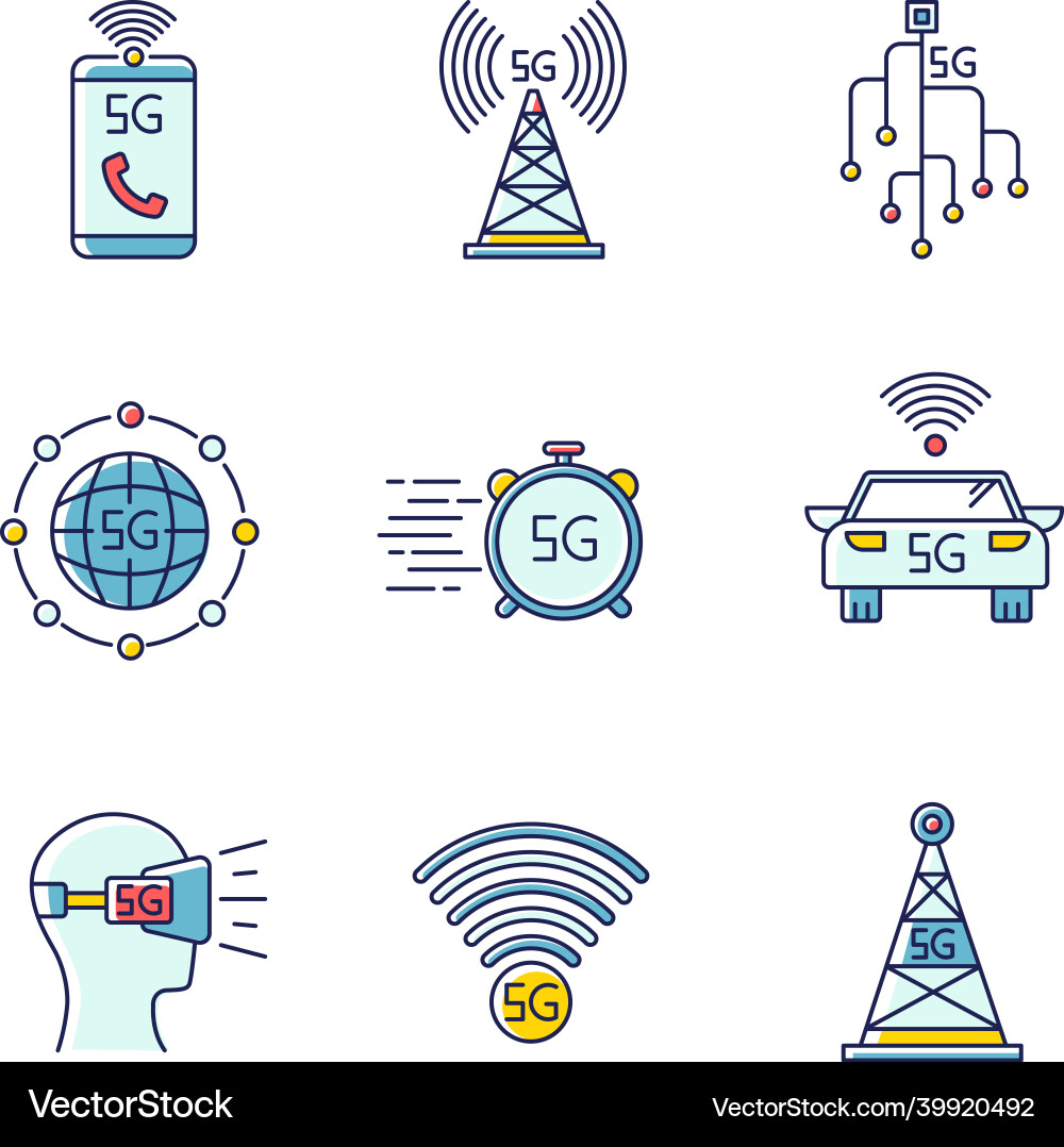 5g wireless technology rgb color icons set cell 5g wireless technology rgb color icons set cell vector image
