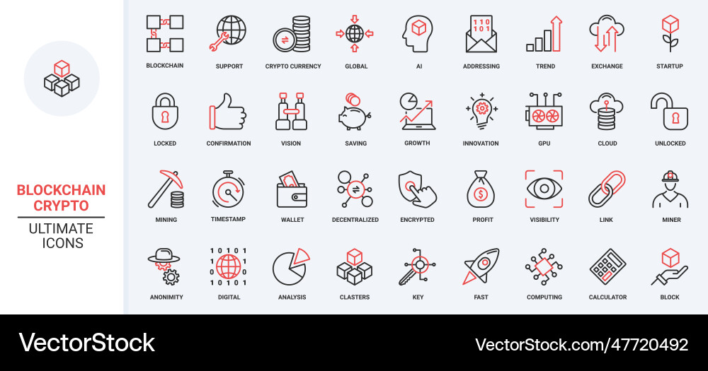 Bitcoin blockchain red black thin line icons set vector image