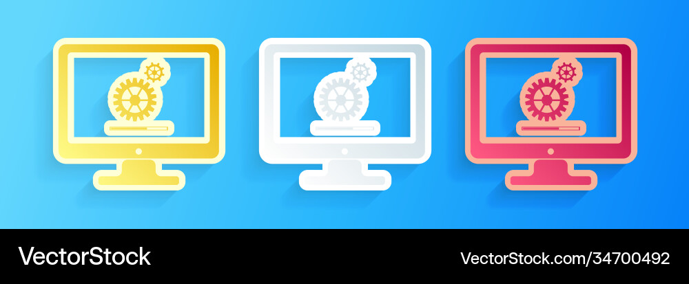 Paper cut computer monitor update process Paper cut computer monitor update process vector image