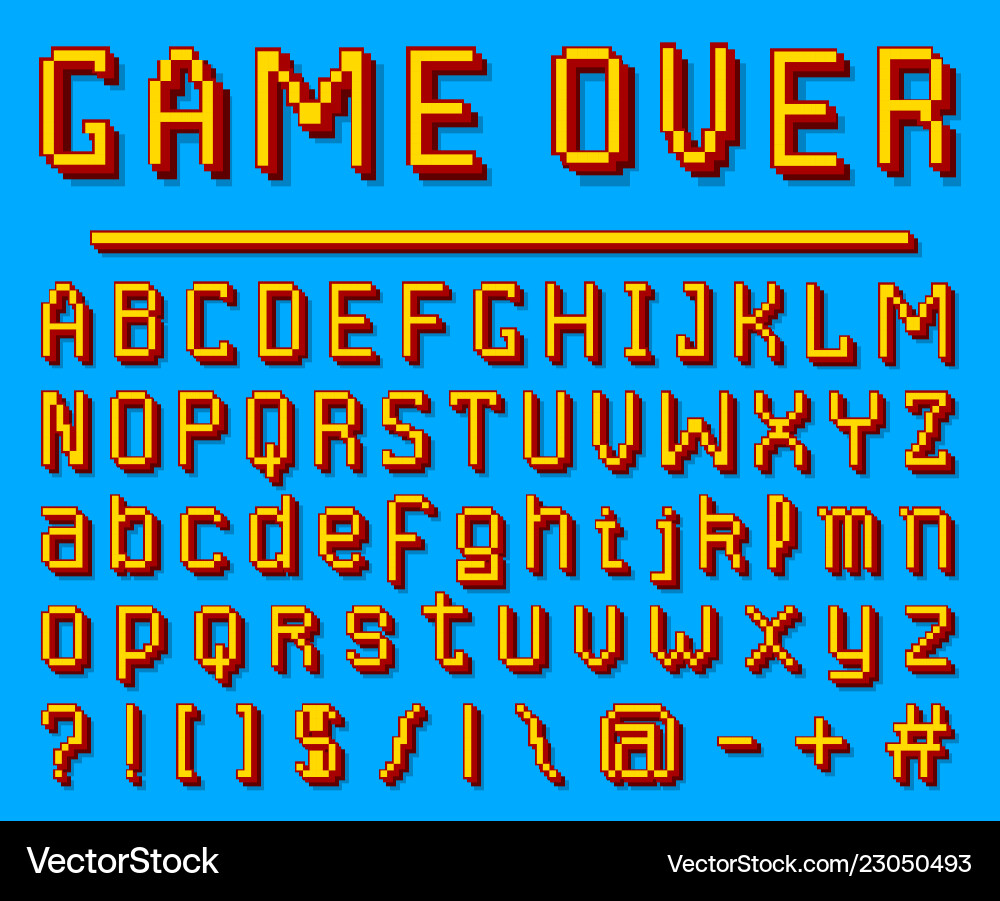 Pixel font 8-bit symbols digital video game Pixel font 8-bit symbols digital video game vector image