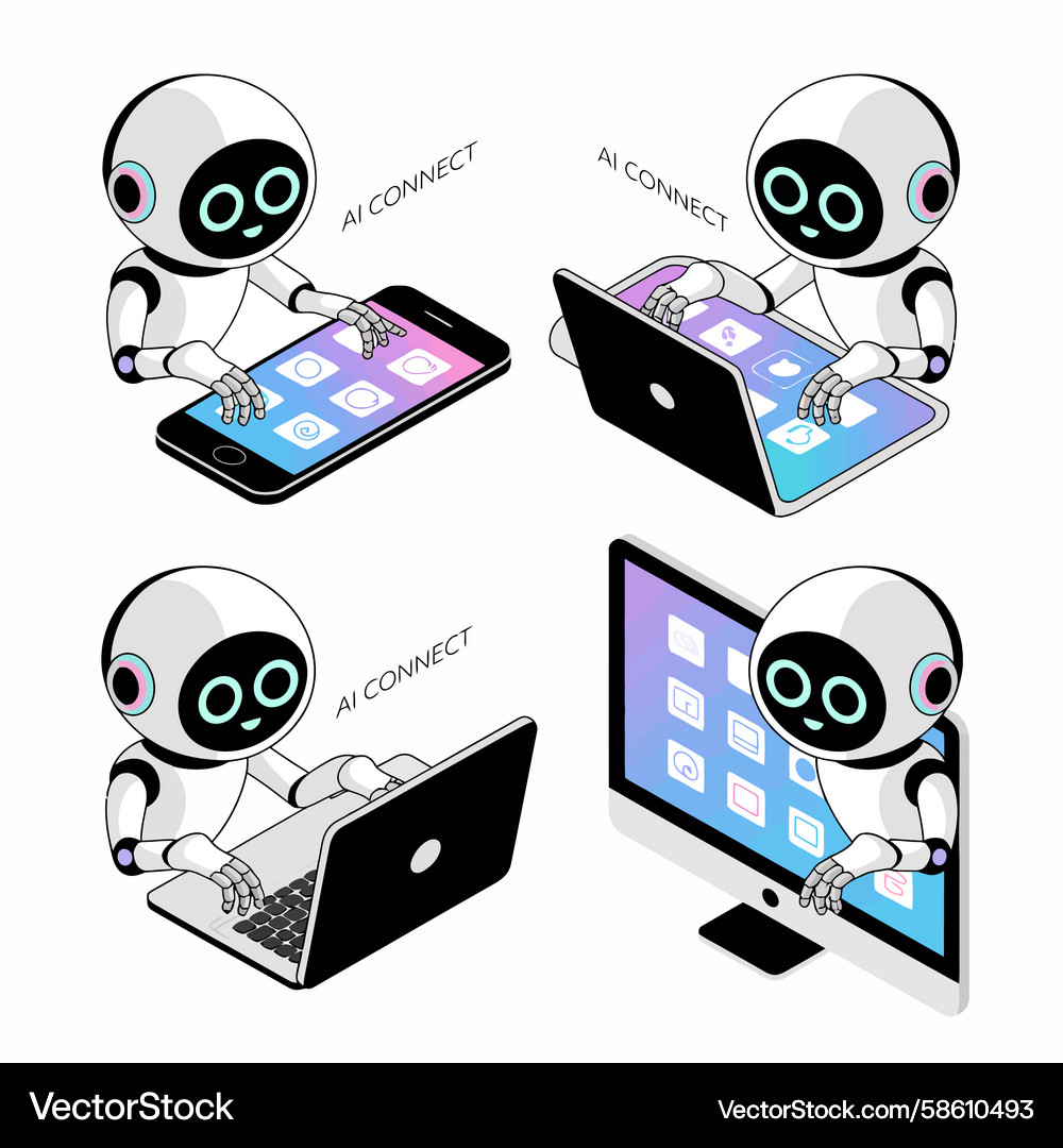 Robots interacting with various digital devices Vector Image
