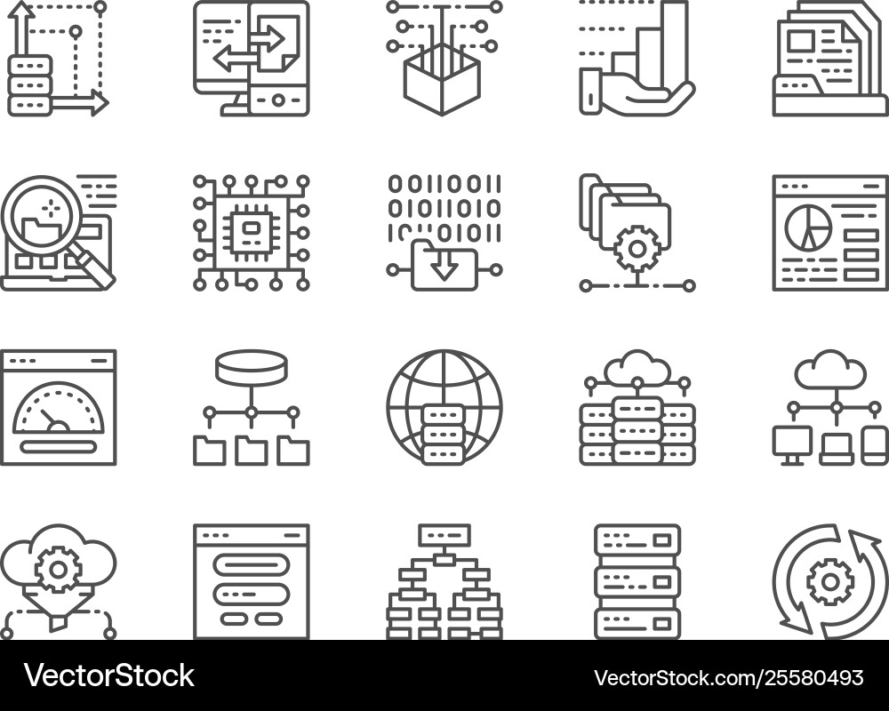 Set data analysis line icons hosting program Set data analysis line icons hosting program vector image