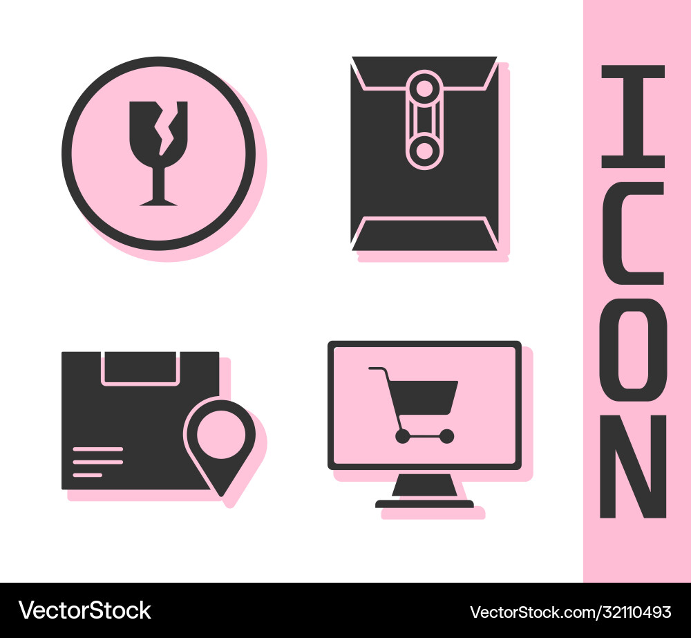 Set shopping cart on computer fragile broken Set shopping cart on computer fragile broken vector image