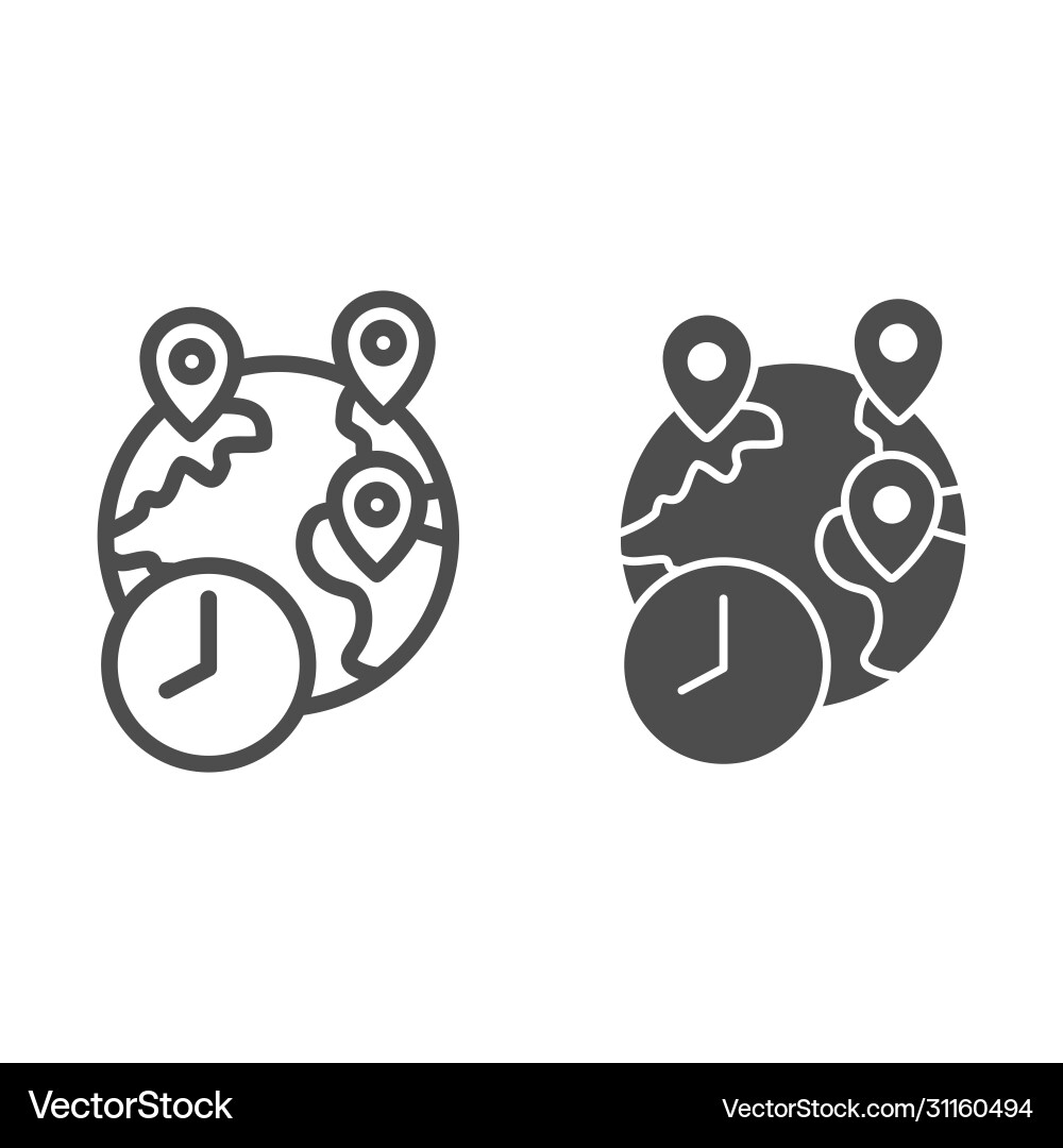 Globe with pins and clock line solid icon Vector Image