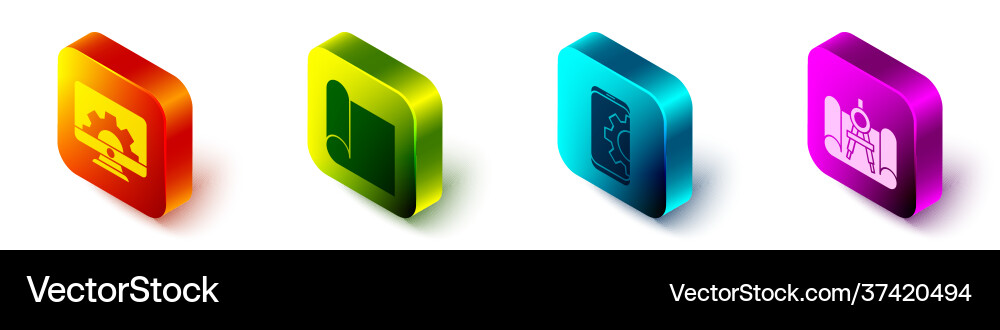 Set isometric computer monitor and gear graphing Vector Image