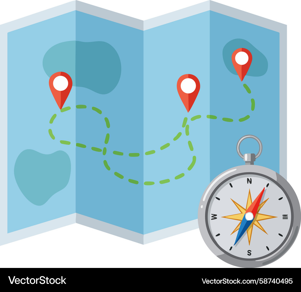 Folded map with red location markers and compass Folded map with red location markers and compass Vector Image