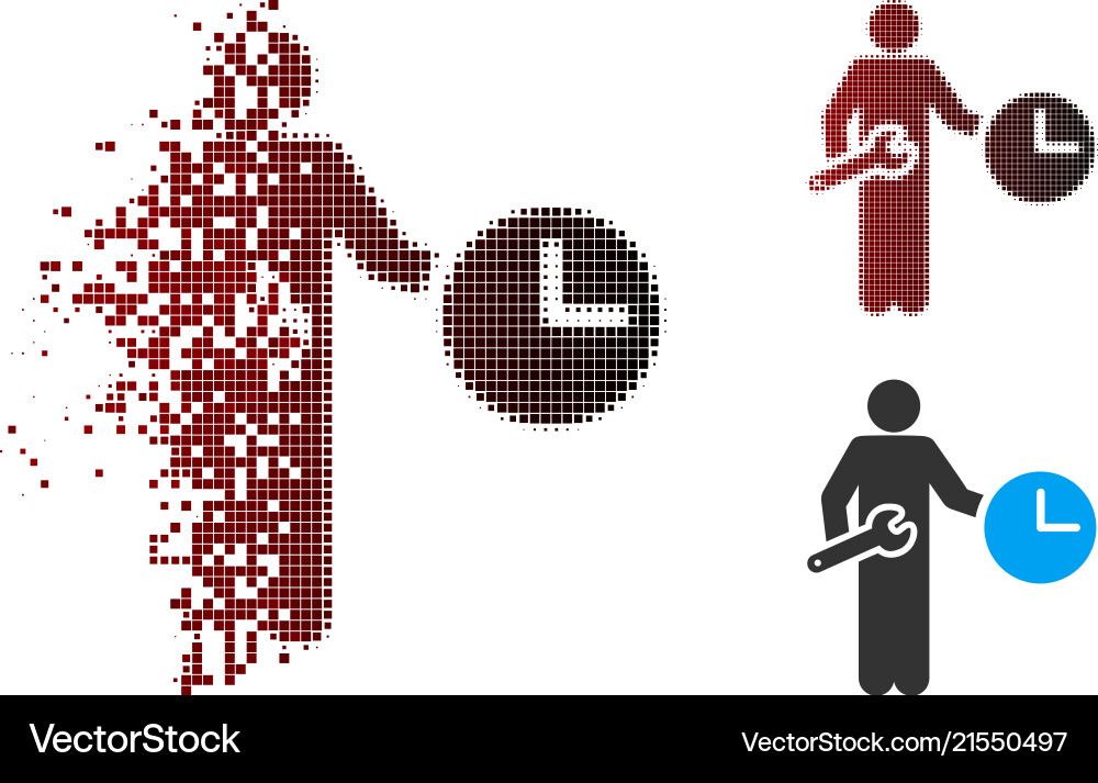 Dissolving pixel halftone clock serviceman icon Dissolving pixel halftone clock serviceman icon vector image