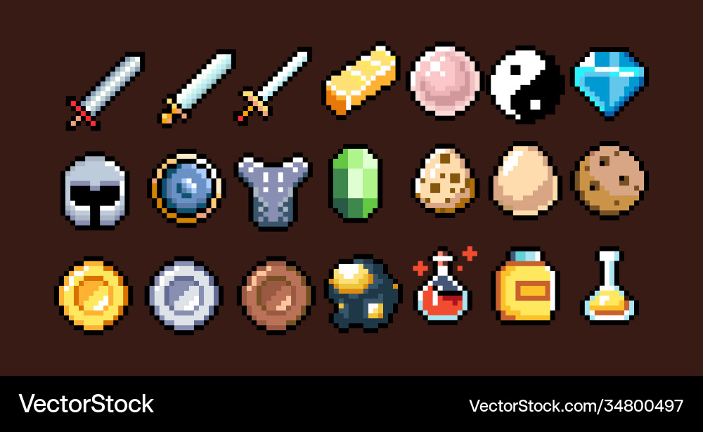 Set 8-bit pixel graphics icons isolated Vector Image