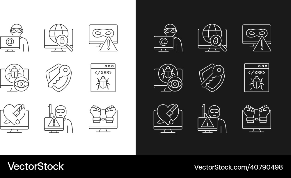 Cyber attacks types linear icons set for dark Cyber attacks types linear icons set for dark vector image