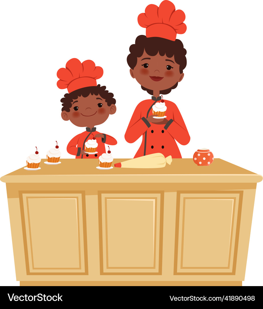 Mother and son cooking cakes time bakery workshop Mother and son cooking cakes time bakery workshop vector image