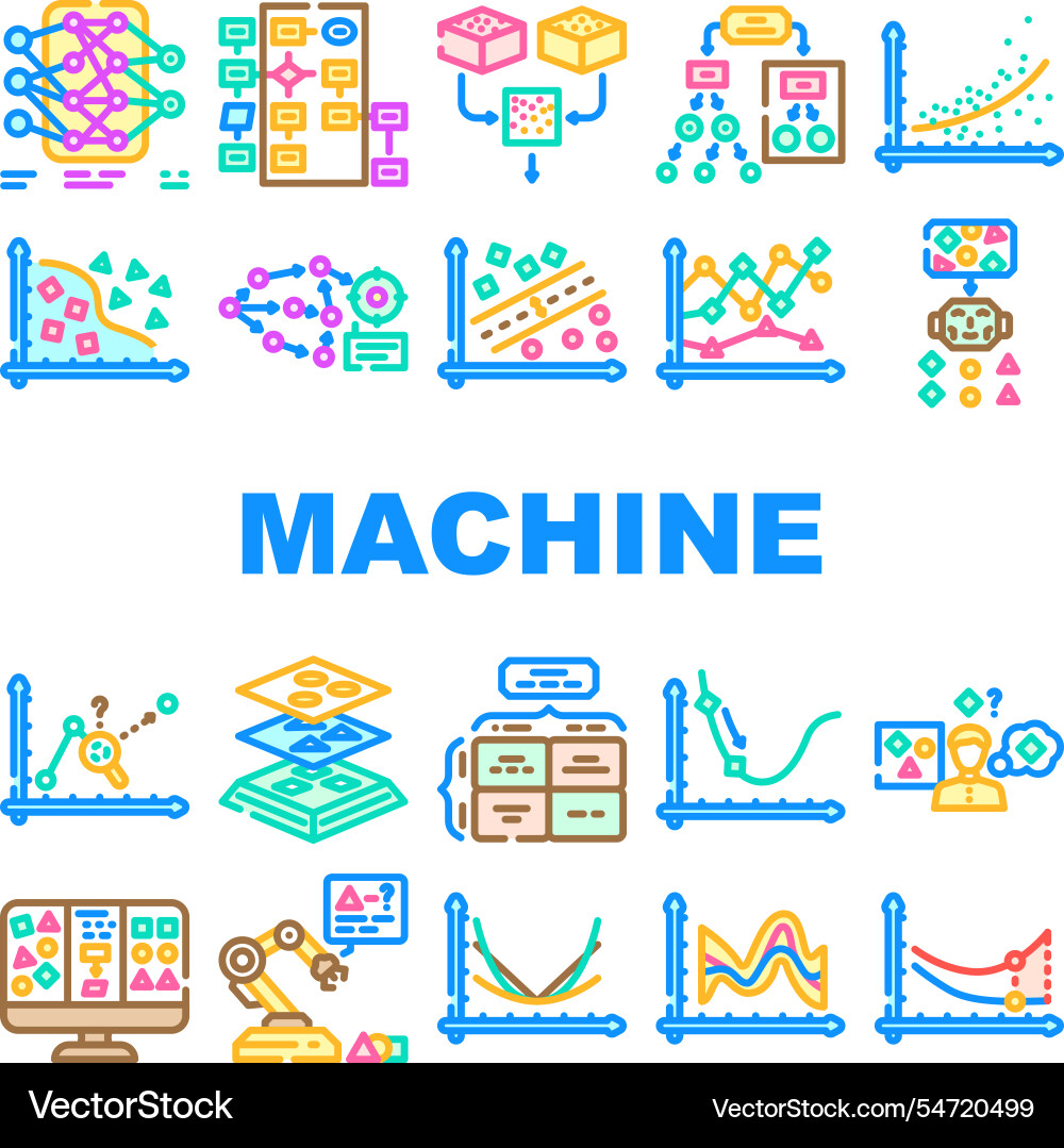 Machine learning algorithm model icons set Machine learning algorithm model icons set vector image