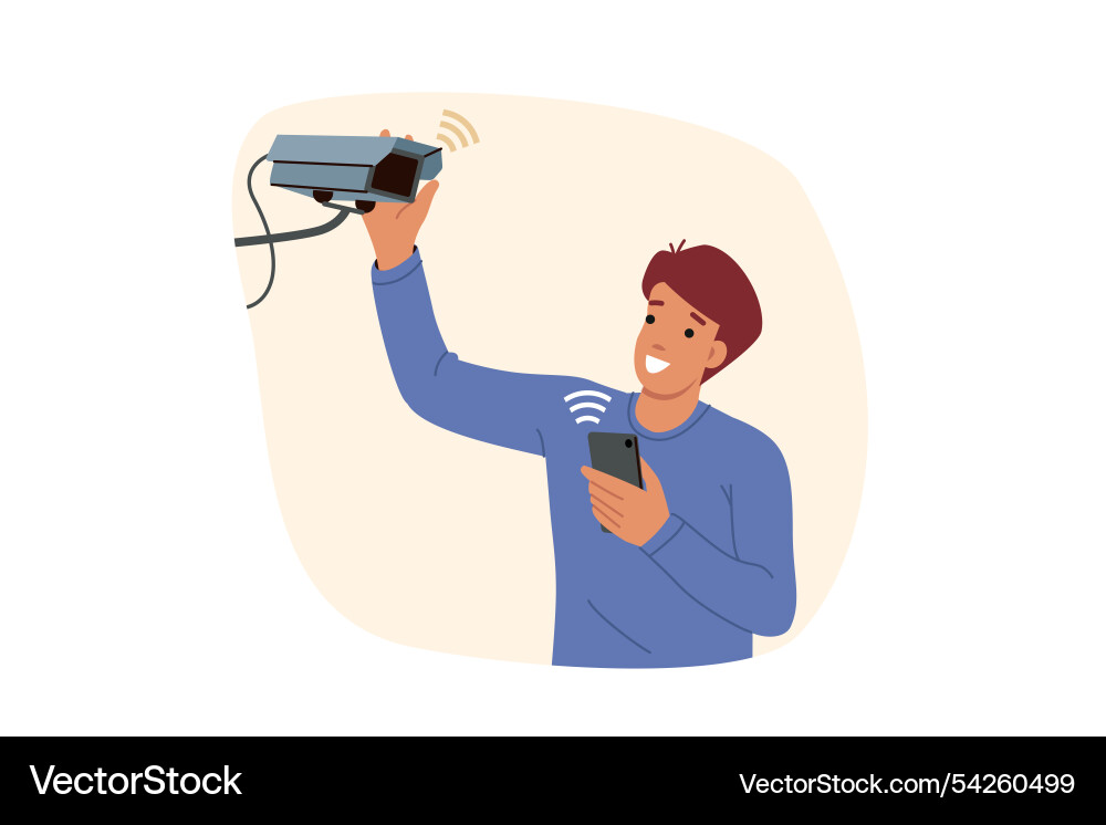 Man installs security camera on wall and uses Man installs security camera on wall and uses vector image