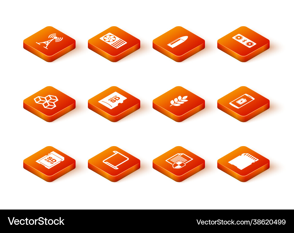 Set sd card paper scroll isometric cube micro Set sd card paper scroll isometric cube micro vector image