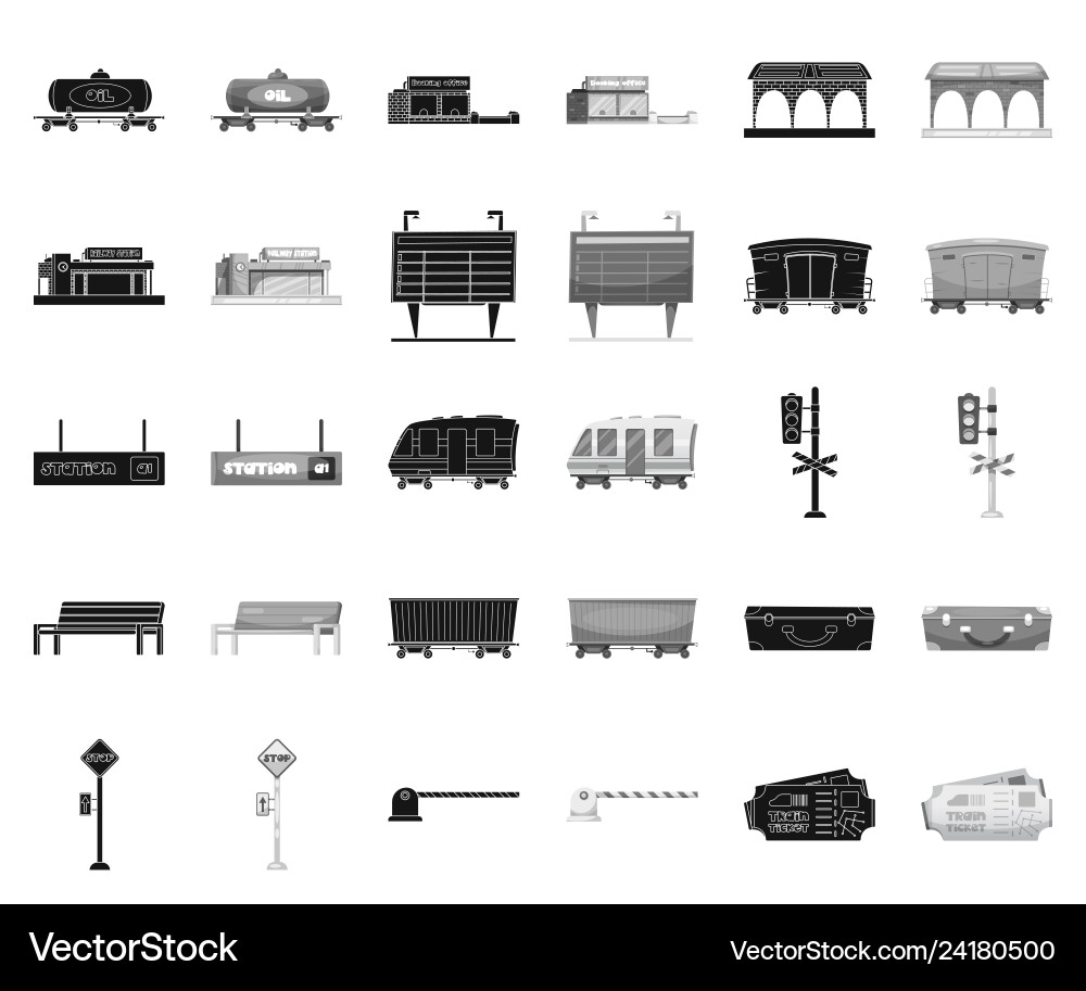 Isolated object of train and station symbol set Isolated object of train and station symbol set vector image