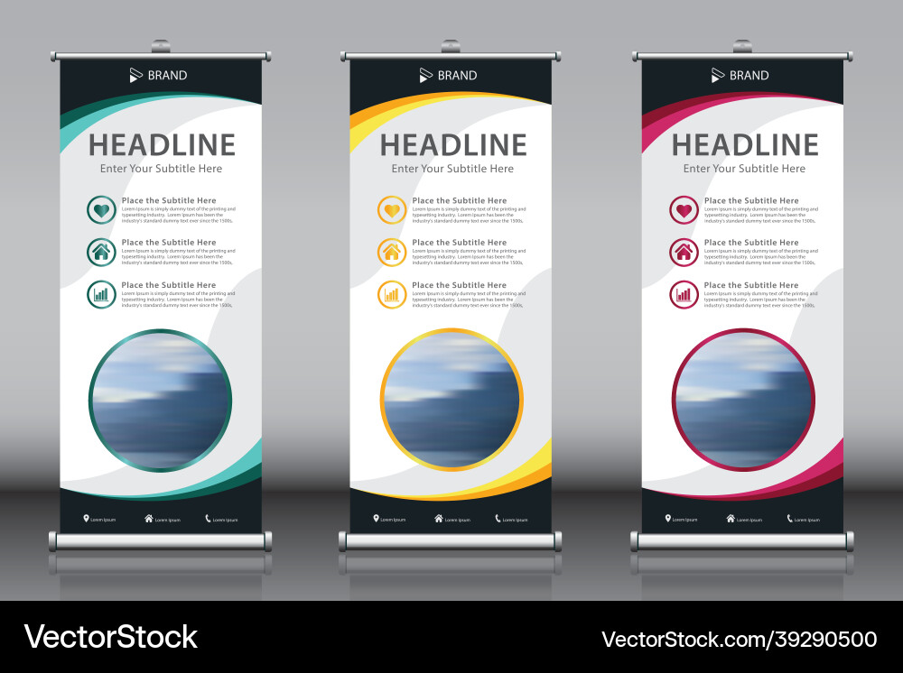 Roll up banner 3 banners with image and text Roll up banner 3 banners with image and text Vector Image