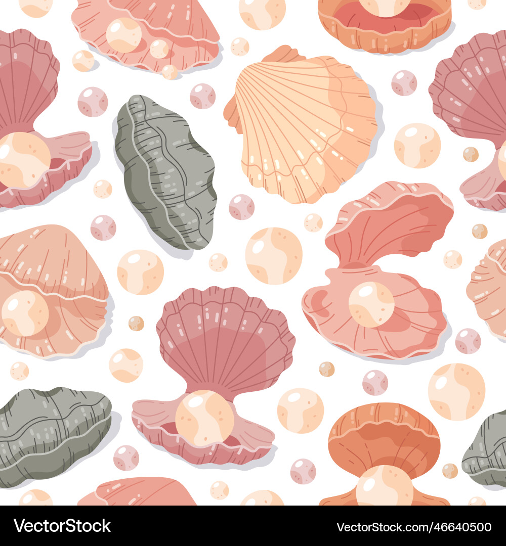 Scallop seashell with pearls seamless pattern Scallop seashell with pearls seamless pattern vector image