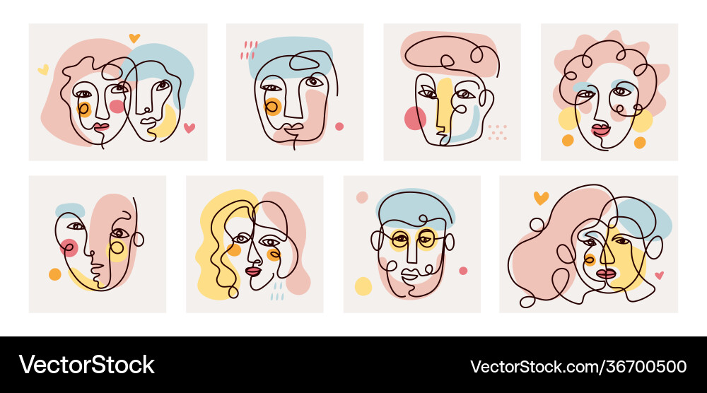 Single Line Contour Faces Vector Image