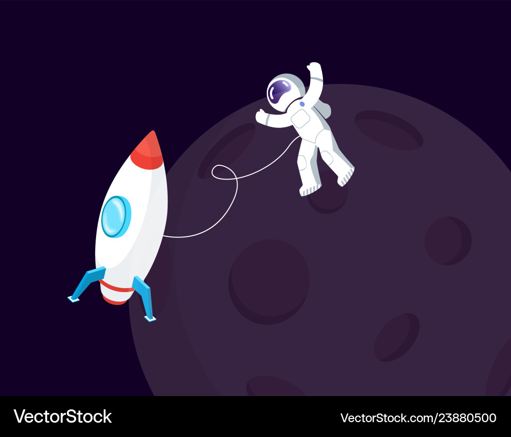 Spaceship near moon and spaceman in spacesuit Vector Image