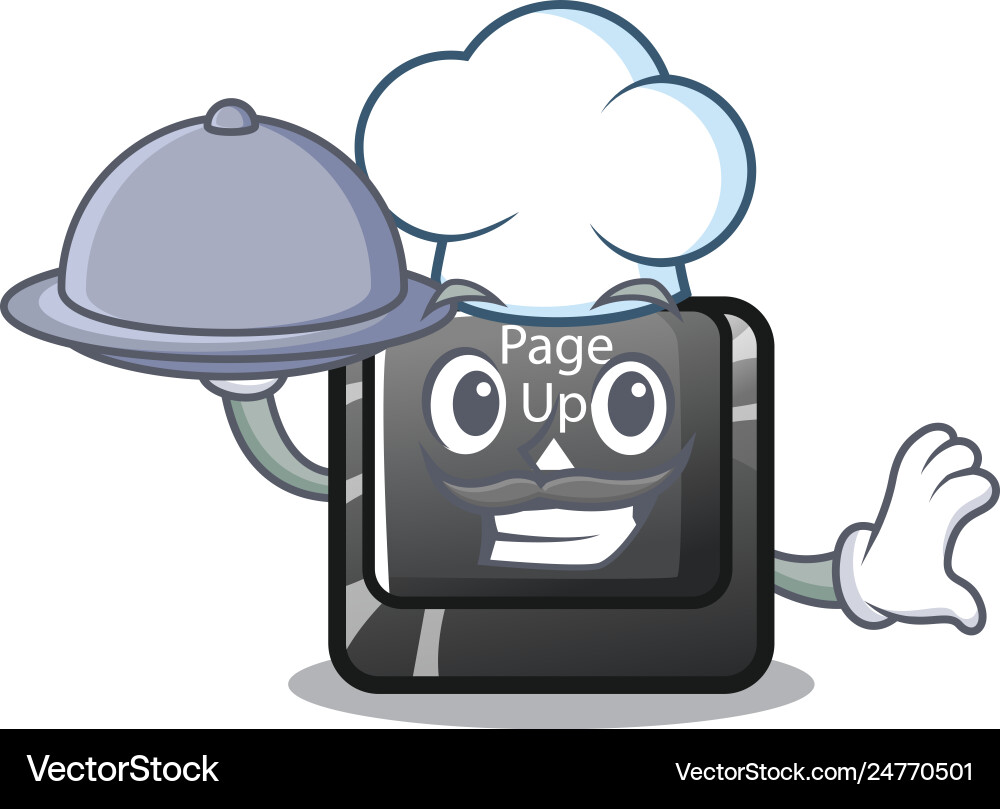 Chef with food button page up on computer cartoon Chef with food button page up on computer cartoon vector image