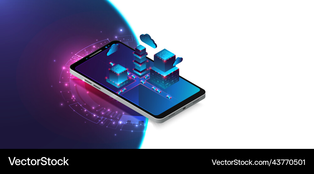 Isometric mobile phone ig data flow processing vector image