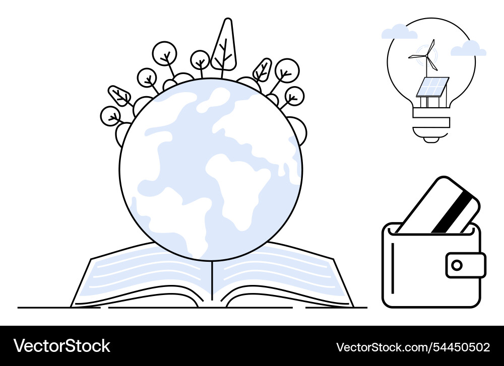 Globe on open book with bulb trees and wallet Globe on open book with bulb trees and wallet vector image
