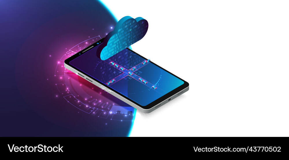 Isometric mobile phone ig data flow processing Isometric mobile phone ig data flow processing vector image