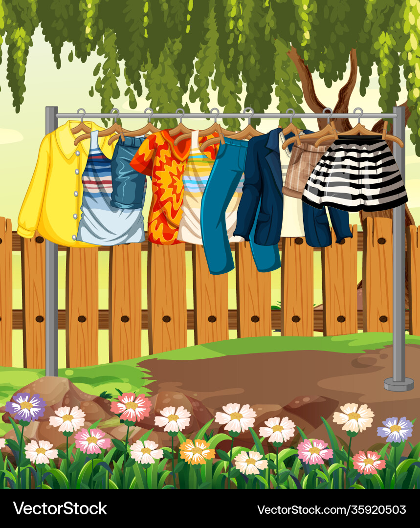 Clothes hanging on a clothesline with fence Clothes hanging on a clothesline with fence vector image