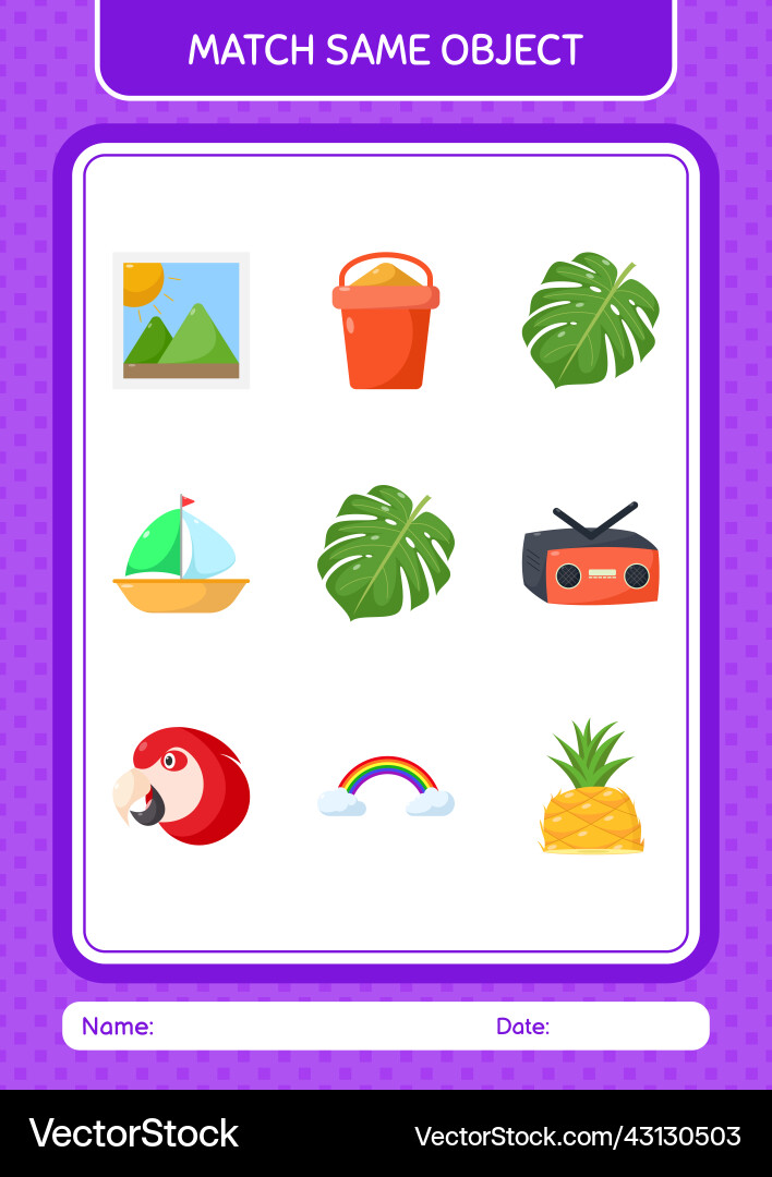 Match with same object game summer icon worksheet Match with same object game summer icon worksheet vector image